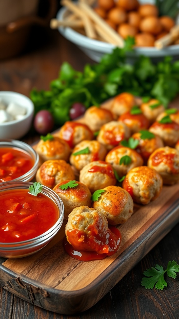 A platter of Italian meatball appetizers with marinara sauce, garnished with parsley.